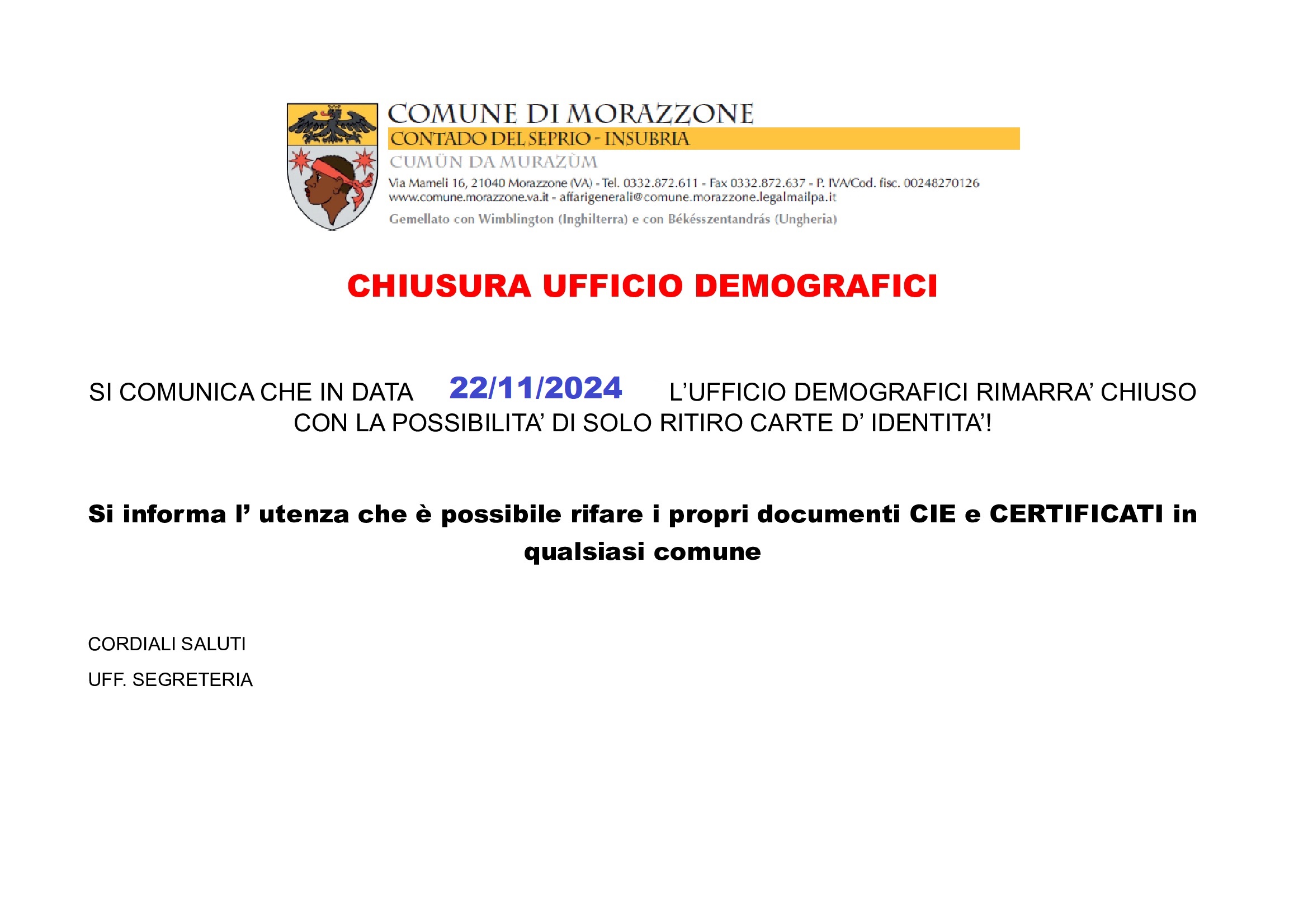 CHIUSURA UFFICIO Demografici