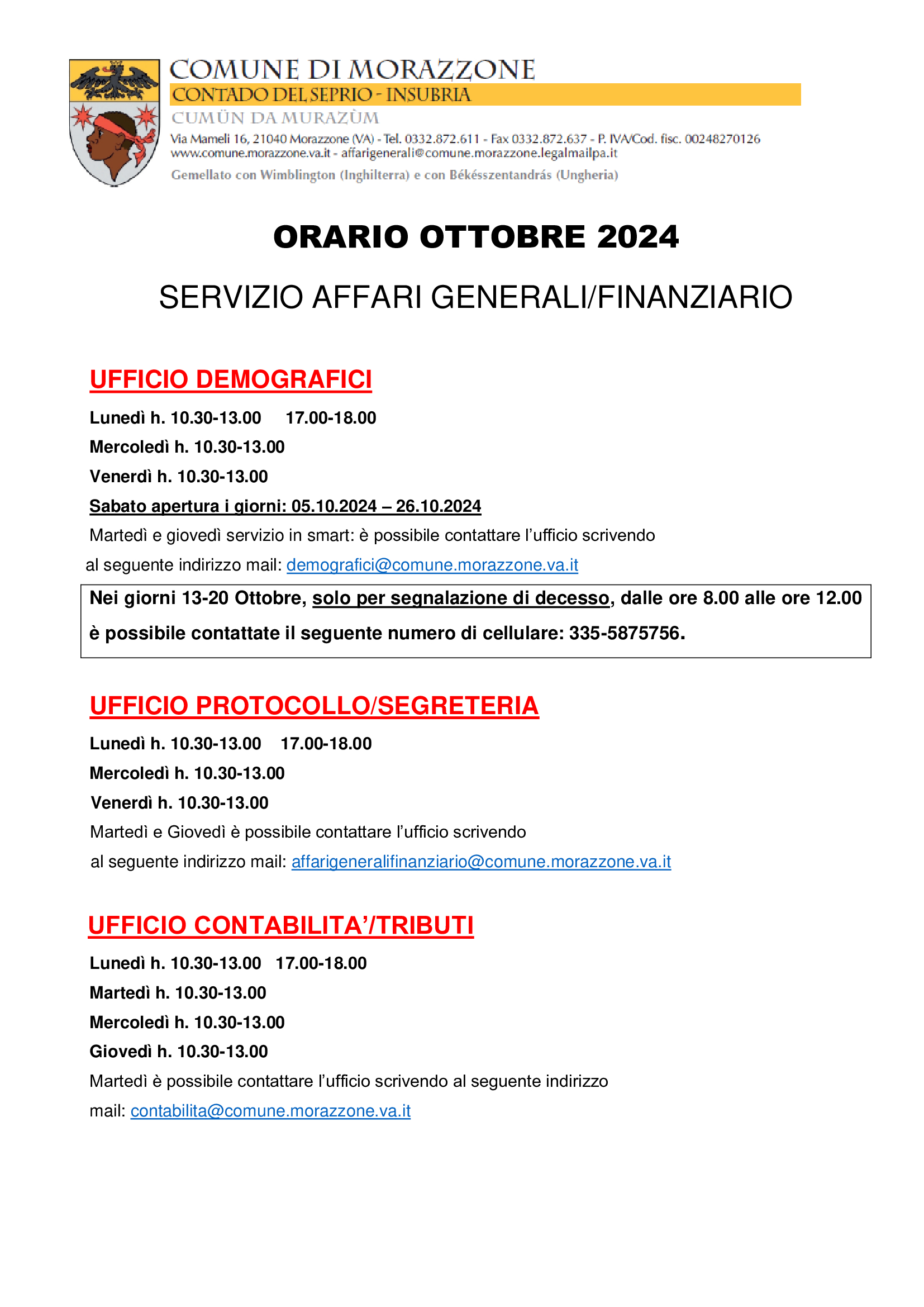 ORARIO Uffici Ottobre